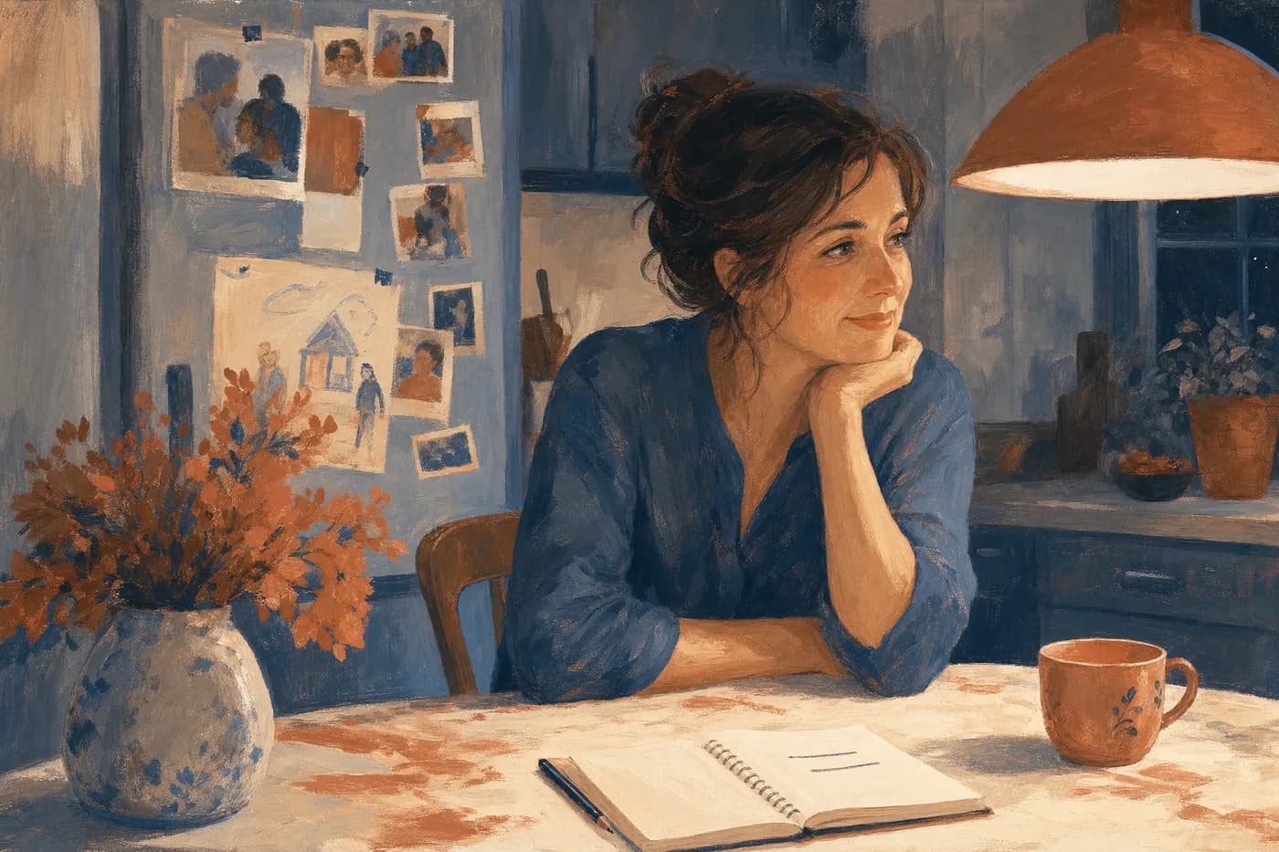 Painted scene of a mother at her kitchen table in the evening, notepad nearly blank, family photos behind her
