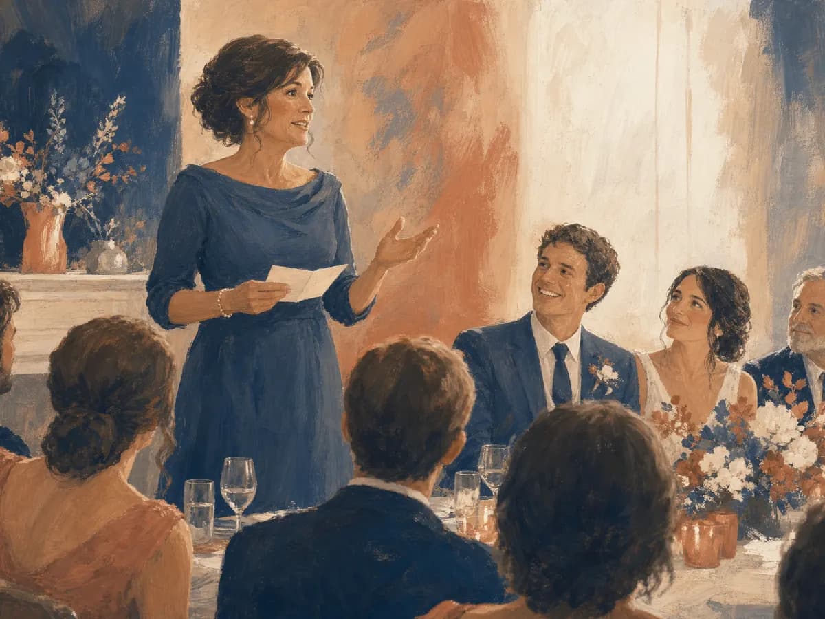 Painted scene of a mother mid-speech at a reception, the room turned toward her and her son beaming