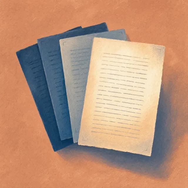 Illustration of four draft pages fanned like a hand of cards