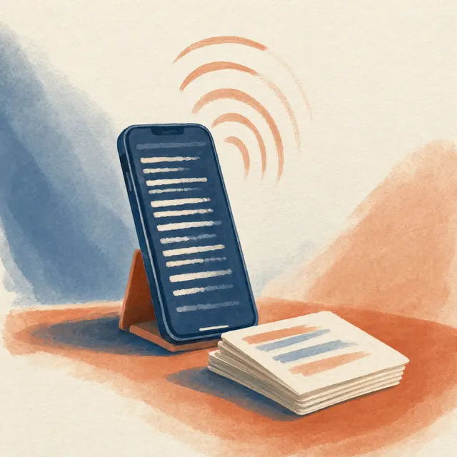 Illustration of a phone showing teleprompter lines beside a stack of flashcards