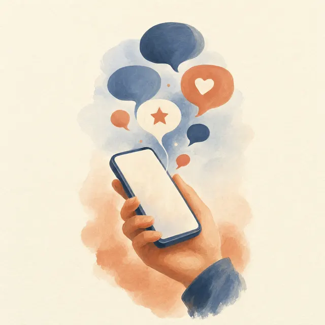 Illustration of a hand holding a phone with speech bubbles rising from it
