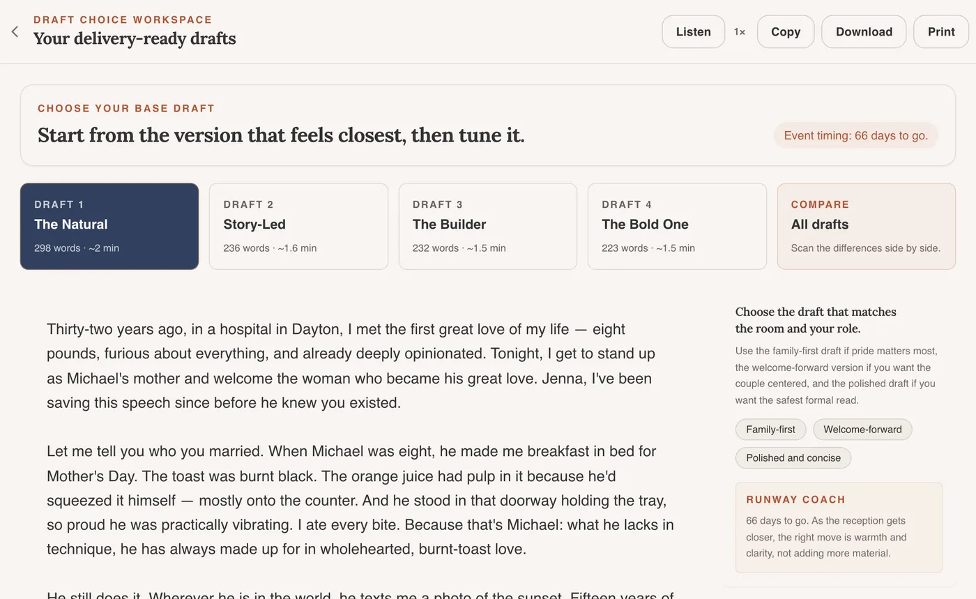 Screenshot of the draft editor showing four mother of the groom speech drafts in tabs, an editable draft about her son, and a delivery coach sidebar